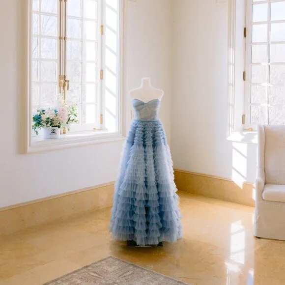 its milla blue tulle ball gown dress w/ train sleeveless corset bodice S small - Picture 4 of 11